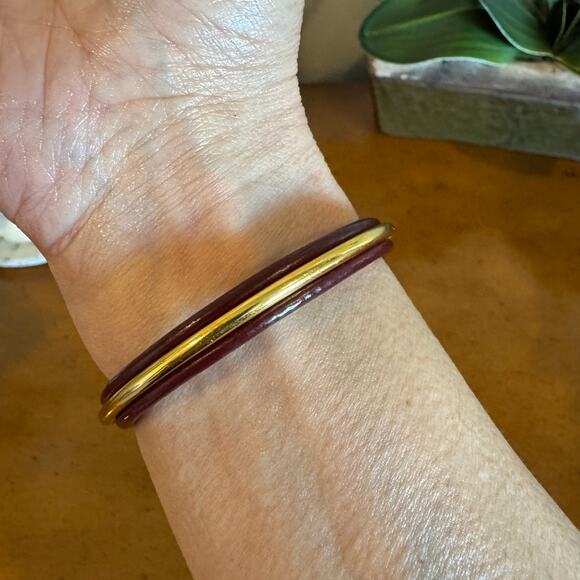 Hermes Gold Burgundy Leather Bangle Cuff Bracelet - Picture 5 of 10